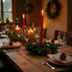 A rustic Christmas dining table setting with handmade wreaths, pinecones, red candles, and warm wooden textures under soft ambient lighting
