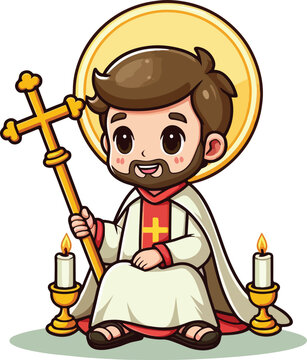 cartoon saint holding cross, candles clip art preview