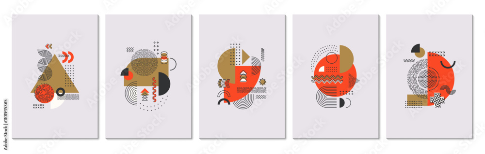 Aufkleber Abstract modern memphis posters with vector graphic patterns of minimal line geometric shapes. Circles, triangles and squares, arches, waves and zigzags, stars dots and crosses memphis pattern posters
