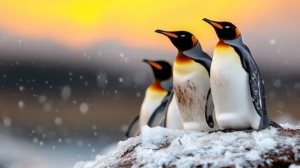 Fototapeta premium A captivating scene with vibrant penguins standing against a colorful sunset in the snow, reflecting themes of togetherness and beauty in nature's palette.