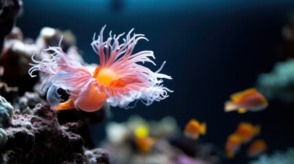 A stunning underwater scene showcasing a vibrant orange and pink sea anemone with delicate tentacles, surrounded by small colorful fish against a deep blue background.