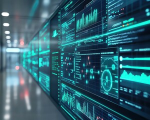 Fototapeta premium Futuristic Data Analytics Display in High-Tech Corridor ,Therapeutic Leisure Excapes Futuristic digital data display in a hallway ,Futuristic Cybersecurity Control Room