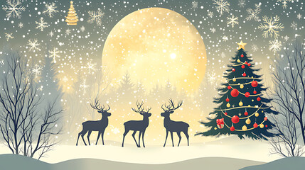 Enchanting Winter Wonderland with Reindeer and Christmas Tree