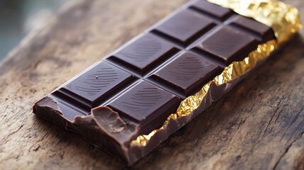 A luxurious dark chocolate bar resting on a polished wooden surface, melted edges, golden wrapper