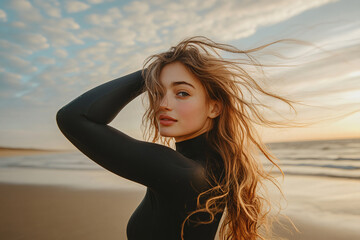 Fototapeta premium Photo of a beautiful woman with long hair wearing a black wetsuit, standing on the beach and holding her head back while looking over her shoulder at the camera. The beautiful natural landscape behind