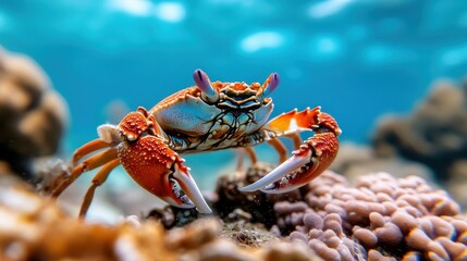 A striking orange crab with curious eyes sits perched on coral, its vibrant colors shining against the bright blue underwater backdrop of the ocean floor.