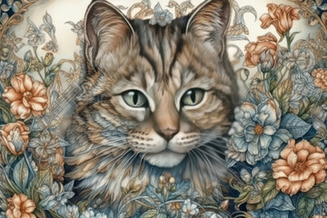Fototapeta premium A close-up of the face of a tabby cat surrounded by a floral design. 