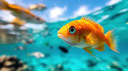 Fototapeta premium A vivid orange fish swims through crystal-clear turquoise water, creating a mesmerizing and colorful underwater scene that showcases the beauty of marine life.