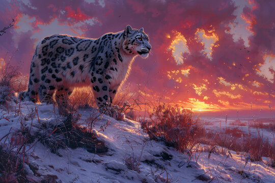 snow leopard (irbis) standing on a snow-covered hilltop against the backdrop of a magnificent sunset.  
