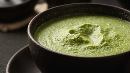 Tranquil scene of frothy matcha tea in Japanese ceramic bowl
