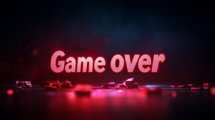 Red neon sign showing game over reflecting on a dark floor	
