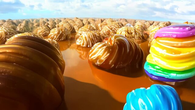 A bunch of colorful lollipops are shown in a row. The lollipops are of different colors and sizes