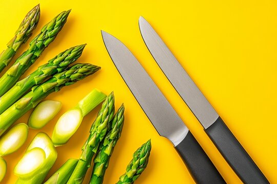 Freshly cut asparagus tips on a chef knife, set on a vibrant cutting board with other chopped vegetables