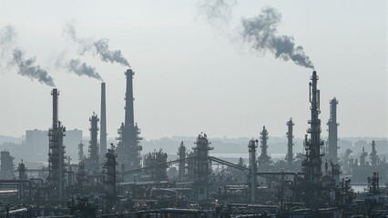 Industrial oil refinery with smoke stacks emitting dark plumes under overcast sky