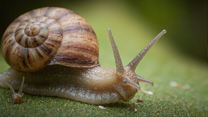 Close up of garden snails eyestalks exploring intricate shell with earthy tones detailed texture