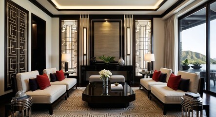 Art Deco inspired Asian interiors with sleek lines luxurious materials and bold geometric patterns