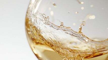 Close-up of golden champagne splashing in a crystal glass with motion blur, isolated on a crisp white background