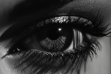 Naklejka premium A close-up shot of a woman's eye in black and white, great for use in editorial or creative projects