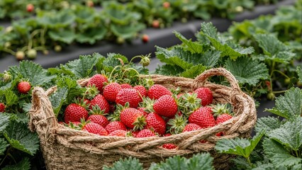 Freshly picked strawberries in rustic basket among lush strawberry plants