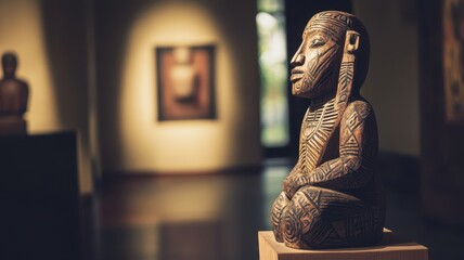 A detailed wooden sculpture displayed in an art gallery, showcasing intricate carvings and cultural significance.