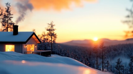 A cozy cabin sits atop a snow-covered hill, with smoke rising from the chimney as the sunrise casts a golden glow over the serene winter landscape.