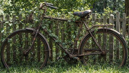 Rusted bicycle with ivy torn seat and sunlight filtering through leaves