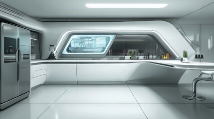 Fototapeta premium Modern sci-fi kitchen with sleek appliances and a holographic counter