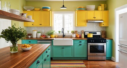 Casual kitchens with bright cheerful colors wooden countertops and simple modern appliances