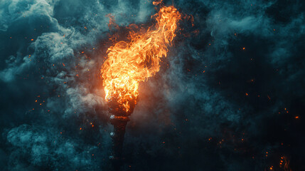 A chilling carnival image featuring a flaming torch and a background of dark, sinister smoke and shadows