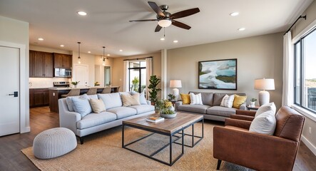 Casual open plan living areas with comfortable furniture neutral tones and natural light