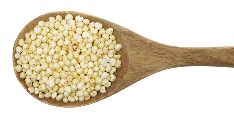 Puffed millet in wooden spoon isolated on white, top view