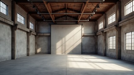 Industrial-style warehouse mockup with exposed beams and large space