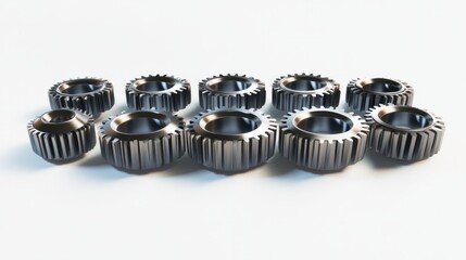Bright 3D gears with shiny surfaces, aligned in a straight pattern on a clean white background