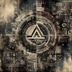 Fototapeta premium Grunge Glyphs An abstract symbolic digital collage with pixelate