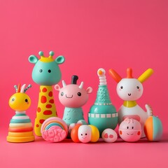 Obraz premium Colorful, playful toys for children arranged on a vibrant pink background, perfect for promoting fun and creativity.