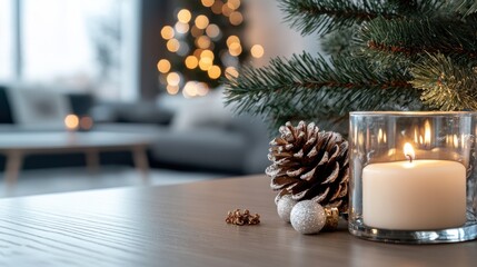 Close-up of a cozy home scene with a candle, pinecones, and Christmas tree ornaments, exuding warmth and tranquility, perfect for winter evenings.