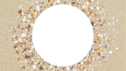 Seashell circle on sandy beach background