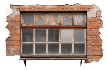 Old brick wall with a vintage window, peeling paint on glass panes