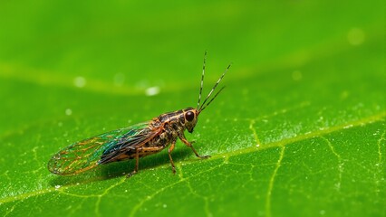 Fototapeta premium Vibrant leafhopper with rainbow wings on green leaf