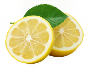 Vibrant Lemon Halves with Overlapping Green Leaves on transparent background, Close-up shot showcasing skin texture and details.