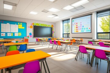 Modern school classroom, colorful chairs and desks, interactive smart board at the front, bright lighting and engaging decorations on the walls