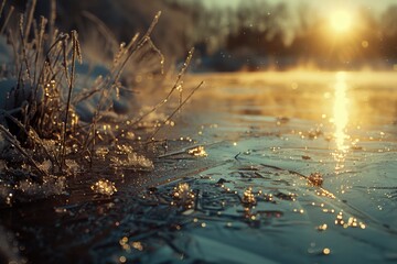 A frozen lake scene with sunlight shining brightly