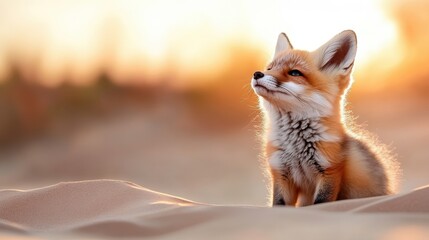 Obraz premium A young fox with a gentle gaze is captured in the soft glowing light of sunset, a scene that resonates with innocence and the tenderness of youth.