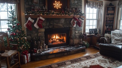 A cozy fireplace adorned with festive Christmas stockings hanging neatly on the mantel