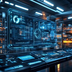 Obraz premium Futuristic Data Control Room with Blue Interface and Technology Display