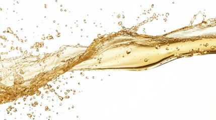 Golden champagne splashing elegantly in a stemmed glass, with bubbles sparkling in mid-air, isolated on white