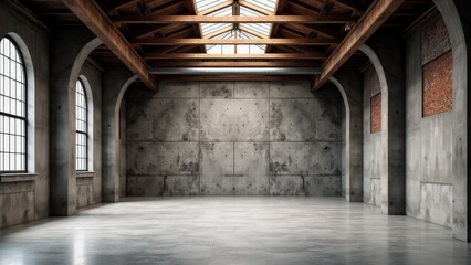 An industrial warehouse mockup with textured walls and spacious design