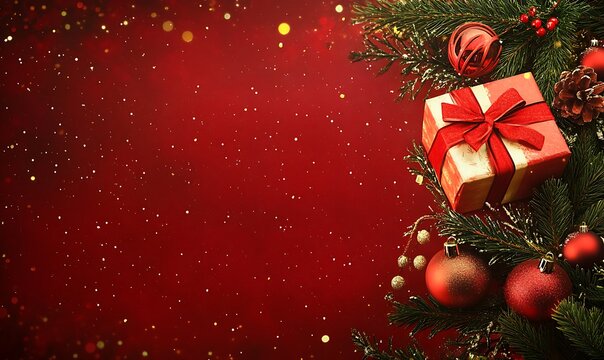  Christmas themed background featuring ornaments, a gift box with a red ribbon, and pine branches for seasonal decorations 