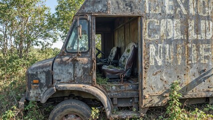Fototapeta premium Abandoned delivery truck overgrown with weeds and rust tires flat drivers door open seats torn