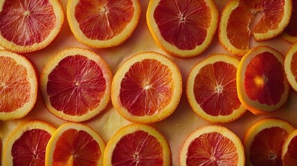 Sliced blood oranges arranged in a vibrant pattern, showcasing their rich colors and textures.
